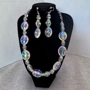 Aurora Borealis Iridescent‎ Beaded Modern Necklace & Dangle Earrings Jewelry Set